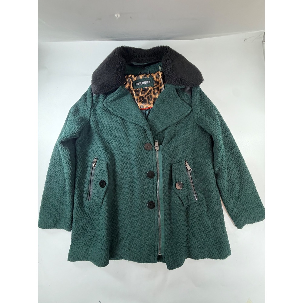 Steve Madden Womens Green Wool Blend Faux Fur Collar Leopard Lining Coat Large